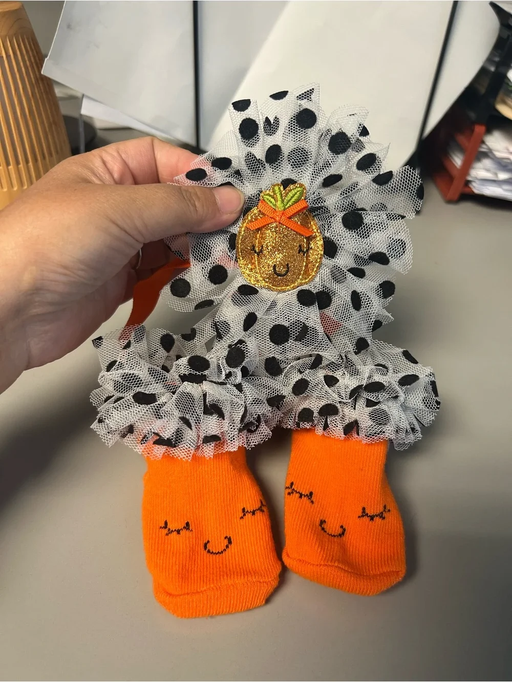 Cute Orange Ruffled Baby Socks & headband with Black Polka Dot Trim